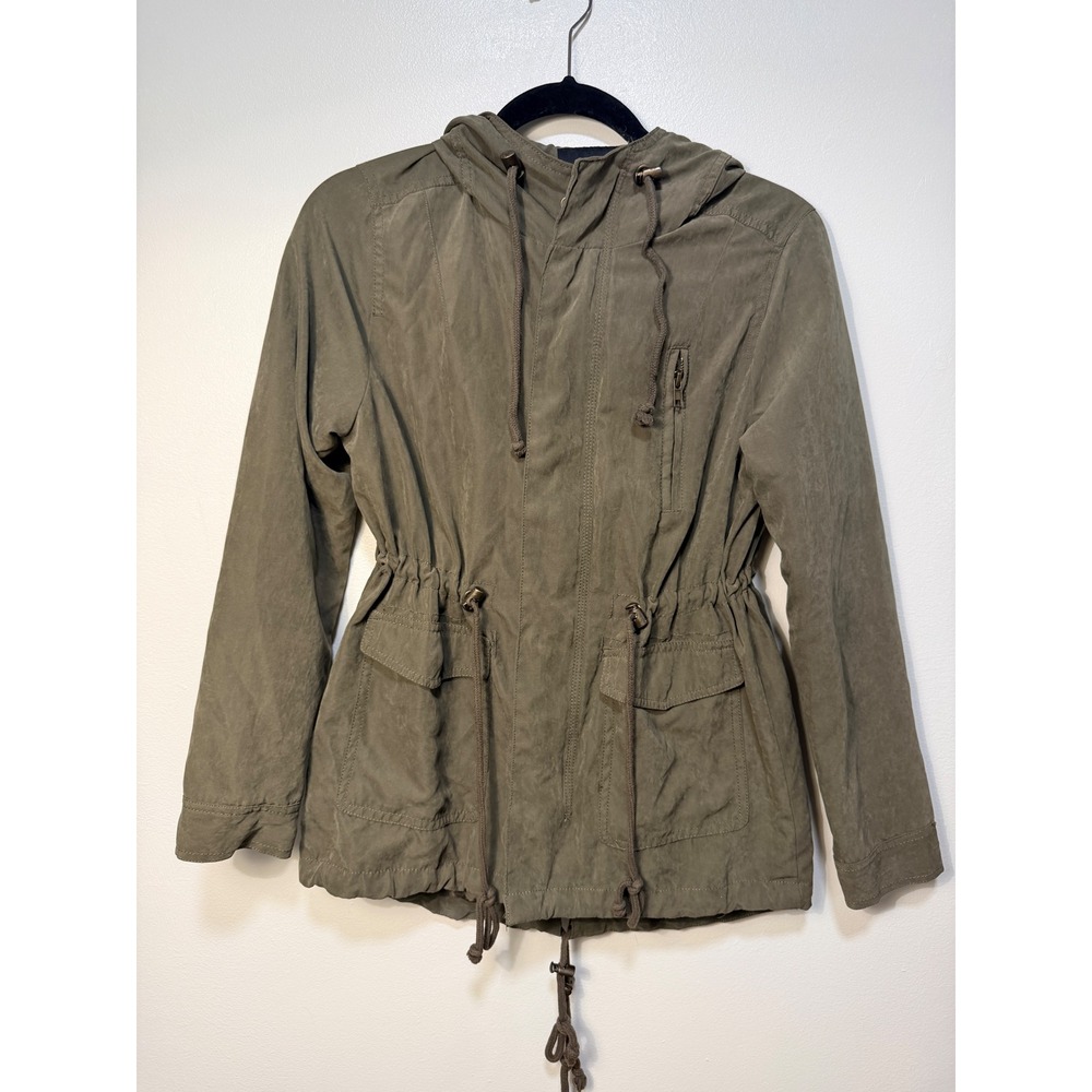 Active USA Utility Jacket Size S Olive Green Faux Suede Hooded Fishtail Hem